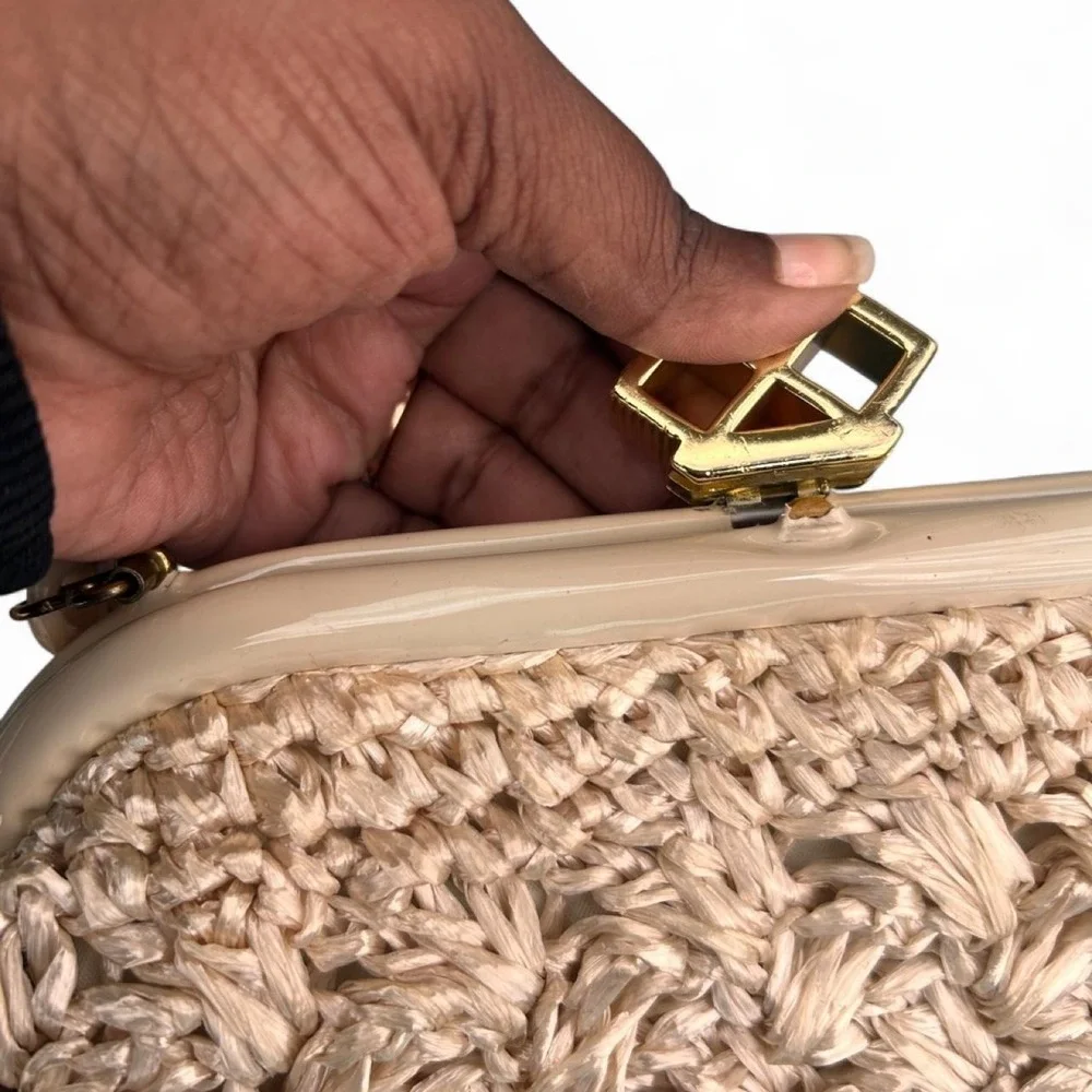 Vintage Raffia Crochet Frame Handbag Cream Woven Granny Coastal Bohemian